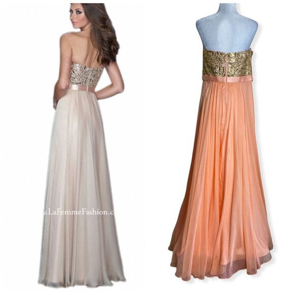 La Femme $480 NWT 19282 Apricot Beaded Chiffon Strapless Formal Gown Sz 14 - Picture 14 of 16